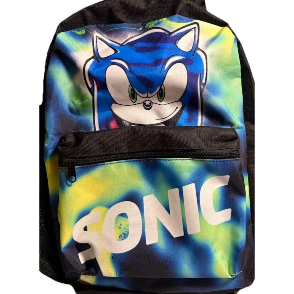 Sonic The Hedgehog Polyester Kids Backpack Zip Adjustable Straps With Extras!!